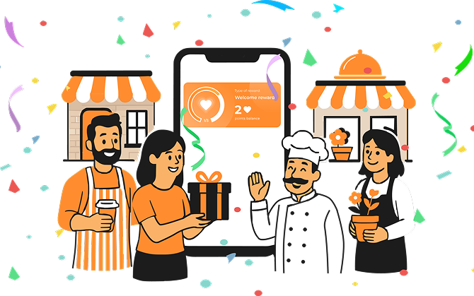 Happy customers using Mom n Pop Hub loyalty app at local small businesses with mobile phones and shopping bags